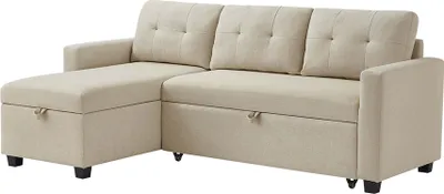 A beige sectional sofa with storage compartments.