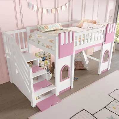 Produktbild von Hochbett 90x200 cm Kinderbett mit Stauraumtreppe & Fenstern, stabiles Hausbett aus Kiefernholz & MDF, inkl. Lattenrost, bis 120kg belastbar, Weiß + Rosa