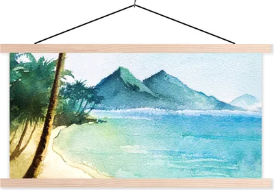 Produktbild von MuchoWow® Textilposter Meer - Palme - Berg 60x30 cm mit holzfarbenen Rahmen - Dekoration