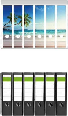 Produktbild von Wallario 6 Stück breite Ordner inkl. Klebeetiketten mit Motive Sandstrand auf den Seychellen - Urlaub unter Palmen -  Set mit Rückenschildern / Ordnerrücken Stickern