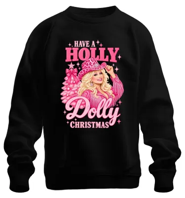 Productafbeelding van "Have A Holly Dolly Christmas" - Zwarte sweatshirt met print, in countrystijl, met afbeelding van een cowgirl, voor de zangeres Dolly Parton, maat XXL