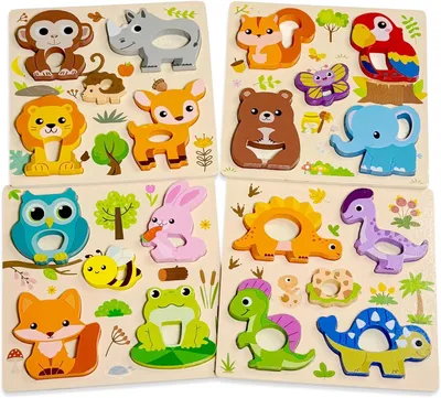 Productafbeelding van Montessori Houten puzzel vanaf 1 jaar - 4 stuks dieren-steekpuzzel - Hout - Educatieve grijppuzzel - Motoriekspeelgoed - Babyspeelgoed