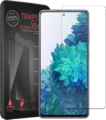 A product shot of a phone screen protector packaging and the screen protector itself, with a phone displaying a colorful background.