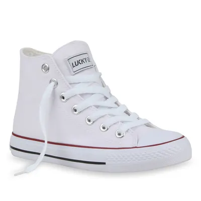 Produktbild von Mytrendshoe Damen Sneakers High Top Kult Schuhe Sportschuhe Schnürer 72104, Farbe: Weiß Rotstreifen Lucky, Größe: 43