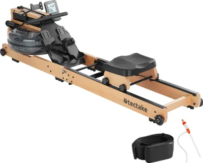A wooden rowing machine is shown against a white background.