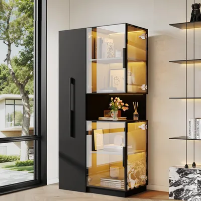 Produktbild von Flieks Vitrinenschrank mit Ausziehregal, Doppelglas-Standvitrine LED, MDF-Schrank Walnuss, Glasvitrine 70×38×160 cm, Schwarz