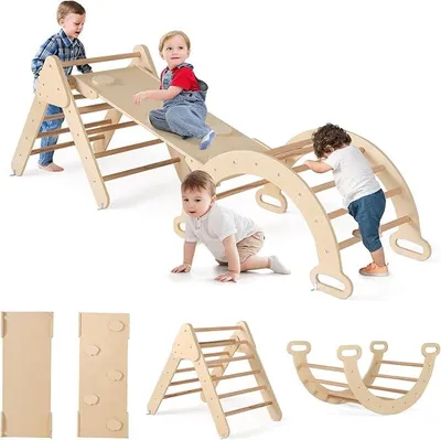 Imagen del producto de Estructura de escalada interior, 4 en 1: triángulo de escalada, arco de escalada, escalera y tobogán. Juego de escalada con forma de triángulo, para escalar, deslizarse y balancearse, ideal para niños pequeños a partir de 1 año (color madera)
