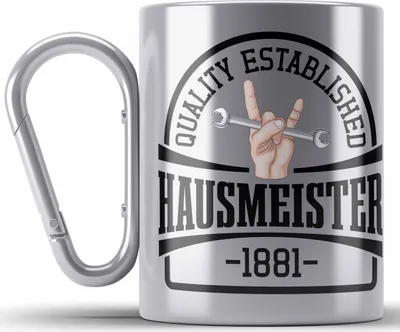 Produktbild von Trendation - Hausmeister Edelstahl Tasse Karabiner Geschenke Lustig Spruch Haustechniker (Silber)