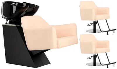 Image de Milos Ensemble noir de salon de coiffure avec 2 fauteuils de coiffure hydrauliques pivotants, repose-pieds, lavabo mobile en céramique, robinet et douche.