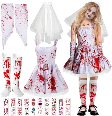 Imagen del producto de Disfraz de Halloween de novia zombie para niña, con manchas de sangre, talla 128 cm, ideal para Halloween
