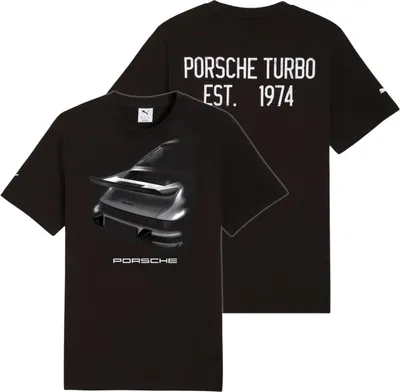 Produktbild von Porsche T-Shirt 'Carrera' Puma 2026 – schwarzes Shirt mit Porsche Carrera Print und Turbo Schriftzug – offizieller Fanartikel