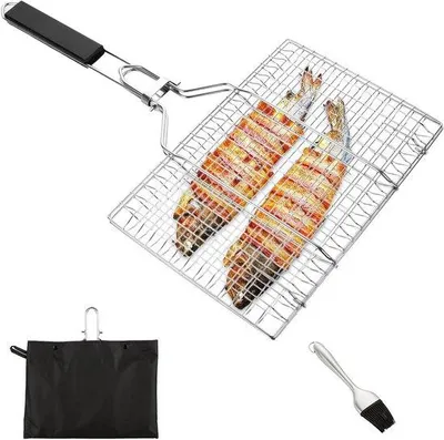 Productafbeelding van Roestvrijstalen grillhouder voor buitenbarbecues, grillrooster met haak en siliconenborstel, inklapbare grilltafel van 35 x 22 cm
