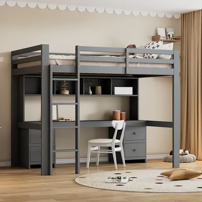 Productafbeelding van Hoogslaper - 90 x 200 cm, grijs, van grenenhout en MDF, met lades, met valbeveiliging, met opbergruimte
