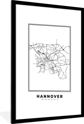 Produktbild von MuchoWow® Gerahmtes Poster Stadtplan - Schwarz-weiß - Karte - Hannover - Deutschland - Karte 60x90 cm - Poster mit Schwarzem Bilderrahmen Wandposter Rahmen Foto Bilder - Dekoration - Wandposter Wohnzimmer - Hochwertig
