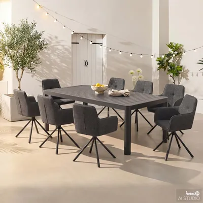 Produktbild von home24 Gartenessgruppe - 9-teilig - Stahl / Polyester - Schwarz / Grau