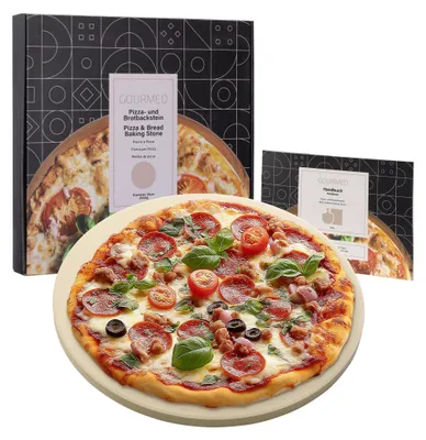 Produktbild von GOURMEO Pizzastein Cordierit rund - Durchmesser 35cm - Pizzastein für Backofen Grill Gasgrill - Pizza Stein - Steinplatte - Resistent gegen hohe