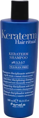 A blue bottle of Fanola Keraterm Shampoo against a white background.