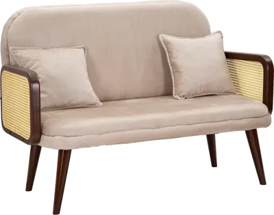 Produktbild von Beiges Stoffsofa mit Holzarmlehnen, 131x80x93 cm