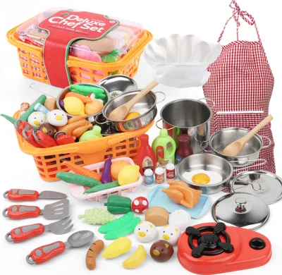 Produktbild von 42-tlg Küchenspielzeug Lebensmittel Obst Gemüse, Küchenset Rollenspiel mit Kochmuetze Schuerze Herd Pfanne Loeffel Aufbewahrungskorb Lernspielzeug, Geschenk für Kinder Mädchen Jungs