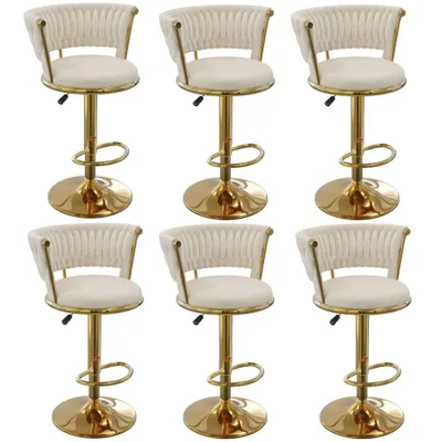 Produktbild von 6er Set Barhocker mit Samt 360° Drehstuhl Tresenhocker Küchenhocker höhenverstellbar mit vergoldeten Beinen Weiß gold