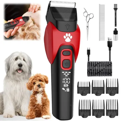 Produktbild von Hundeschermaschine, Profi Tierhaarschneider, Hund Schermaschine mit LCD Anzeige & 6 Längenstufen, Hund Haarschneider Ultra leise, Rot