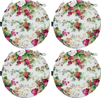Four round seat cushions with a floral pattern are arranged in a 2x2 grid on a white background.