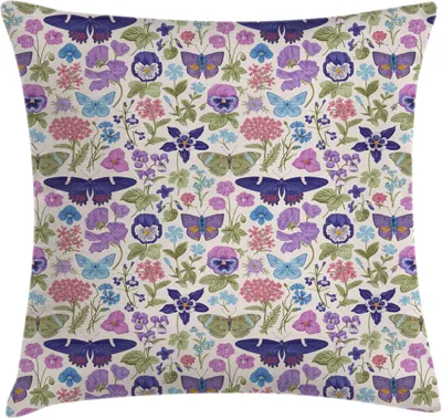 Produktbild von ABAKUHAUS Blumen Kissenbezug, Vintage Schmetterlings-Wiesen-Blumen Stiefmütterchen Blume auf Gedämpfte Tone Kulisse, 50 x 50 cm, Pale Tan und Mehrfarbig