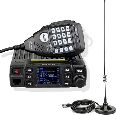 A Retevis RT95 amateur radio transceiver with its microphone and antenna, displayed on a white background.