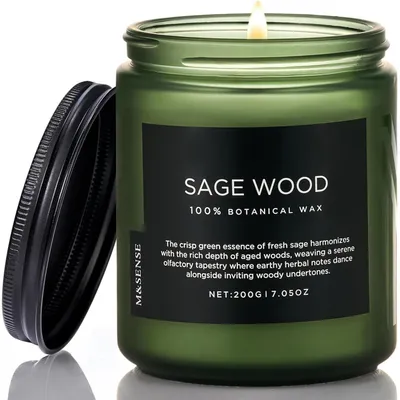 Image de Bougie parfumée à la sauge et au bois, 200g, 50 heures de combustion, cire de soja, 2 mèches, parfum apaisant