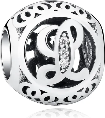 A close-up studio shot of a silver charm with the letter L engraved on it, adorned with small clear stones.
