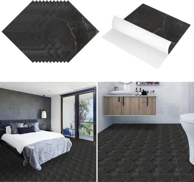 Produktbild von Fiqops Vinylboden,PVC Bodenbelag,Selbstklebende Fliesen,Marmoreffekt,Schwarz,ca.4m²/44 Fliesen