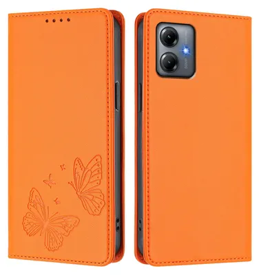 Produktbild von Lederhülle für Motorola Moto G14, Schmetterling Prägung Leder Brieftasche Schutzhülle mit Ständer Orange
