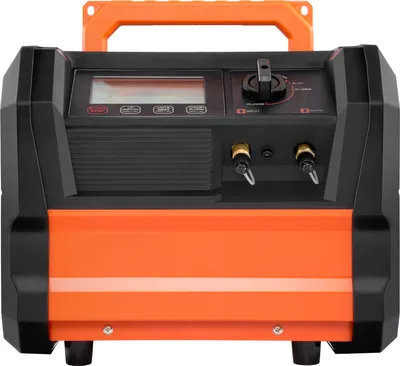 A close-up front view of an orange and black electronic device with a screen and controls.