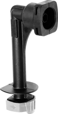 A black plastic fitting with a gray clamp at the bottom, isolated on a white background.