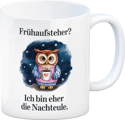 Produktbild von Eule im Pyjama Nachteule Frühaufsteher Spruch Kaffeebecher