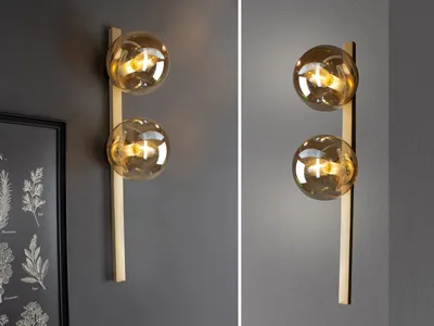 Produktbild von LED Wandleuchte 2 flammig mit Schalter Metall Gold Rauchglas Kugel mundgeblasen