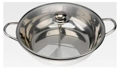 Produktbild von Multifunktionaler Edelstahl-Hotpot 32 cm mit Trennwand, induktionsgeeigneter Warmhaltetopf mit Glasdeckel und großem Griff für Gas- und Induktionsherde