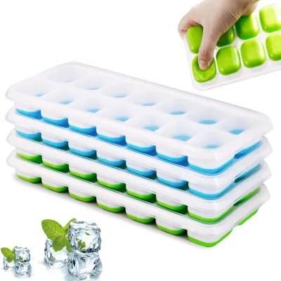 Productafbeelding van Siliconen ijsblokjesvorm met deksel - set van 4, stapelbare ijsblokjescontainers