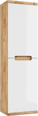 A tall, narrow cabinet with a wood-grain effect on the sides and a white, glossy front with a horizontal wooden handle.