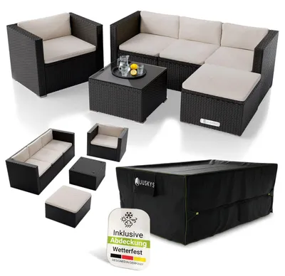 Produktbild von Juskys Polyrattan Lounge Punta Cana L schwarz inkl. Abdeckung – Gartenlounge Set 4-5 Personen – Sitzgruppe mit Sessel, Sofa, Tisch & Hocker - Sitzbezüge Dunkelgrau