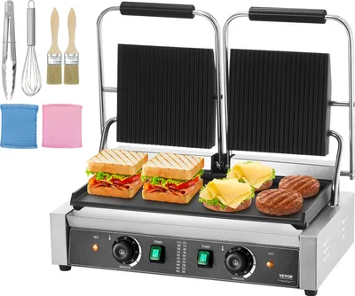 Image de Gril à panini commercial VEVOR, appareil à panini électrique de 3600 W, gril à double sandwich en acier inoxydable, gril à panini avec réglage de la température et plaque plate émaillée 19 "x9