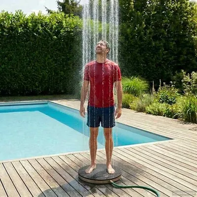 Productafbeelding van Buitendouche, antraciet, WPC en roestvrij staal, 20 cm, voetbediend, antislip, verstelbare waterhoogte, 70x6 cm, geschikt voor zwembad, camping en tuin