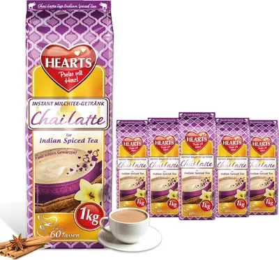 Produktbild von HEARTS Chai Latte Pulver 5 x 1kg  Instant Tee-Getränk Vorratspackung für ganze Familie