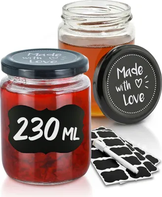 Produktbild von Praknu 25 Marmeladengläser 230 ml mit Deckel - Mit Etiketten & Stift - Luftdicht - Spülmaschinenfest - Ideal zum Verschenken