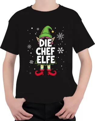 Produktbild von DIE CHEF ELFE Weihnachtselfe Weihnachten Wichtel Schneeflocken Uni Kinder T-Shirt, Schwarz, 140