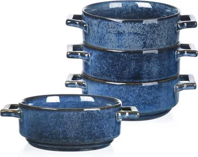 Immagine prodotto di Ciotole da minestra in Vetroceramica con manici, blu, adatte al microonde e al forno, set da 4 pezzi