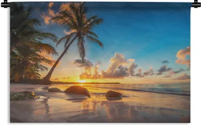 Produktbild von MuchoWow® Wandteppich Wandbehang Strand - Meer - Palme - Sonnenuntergang 90x60 cm Tapisserie Dekoration Wandtuch - Wandskulpturen - Bildteppich