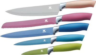 Produktbild von 5tlg. Messerset KING® METALLIC DESIGN mit Edelstahl beschichtete Klingen / Größen: Kochmesser 20cm, Brotmesser 20cm, Universalmesser 12.5cm, Ausbeinmesser 20cm, Gemüsemesser 8.5cm