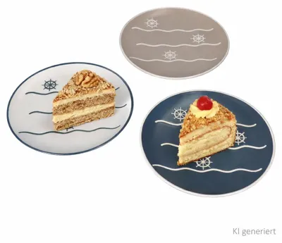 Produktbild von 6er Set Kuchenteller Steuerradmotiv Keramik weiß blau beige Dessert