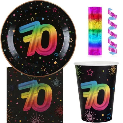 Produktbild von 70. Geburtstag Einweggeschirr bunt Partyset Party Geschirr Pappteller Pappbecher Servietten